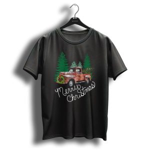 Merry Christmas Red Truck With Xmas Tree And Wreath T Shirt