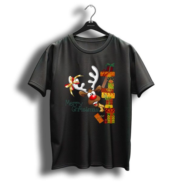 Merry Christmas Reindeer Peeking With Stacked Gifts T Shirt 1 t shirt 1