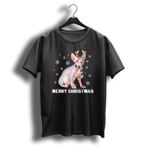 Merry Christmas Reindeer Sphynx Cat Snowflakes Festive Scarf T Shirt