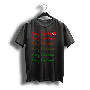 Merry Christmas Repeated Text With Santa Hat T-Shirt