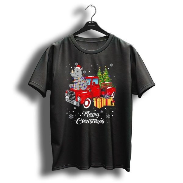 Merry Christmas Rhino On Red Truck With Gifts And Snowflakes T Shirt 1 t shirt 1