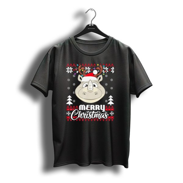 Merry Christmas Rhino Santa Hat Antler Uglystyl Snowflakes T Shirt t shirt 1