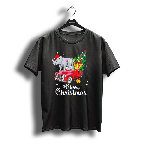 Merry Christmas Rhino Santa Hat On Red Truck With Christmas Tree And Gifts T Shirt t shirt 1