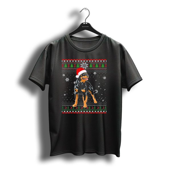 Merry Christmas Rottweiler Santa Hat Snowflakes And Holiday Trees T Shirt t shirt 1
