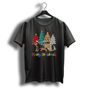Merry Christmas Rottweiler With Leopard Plaid Truck And Christmas Trees T Shirt