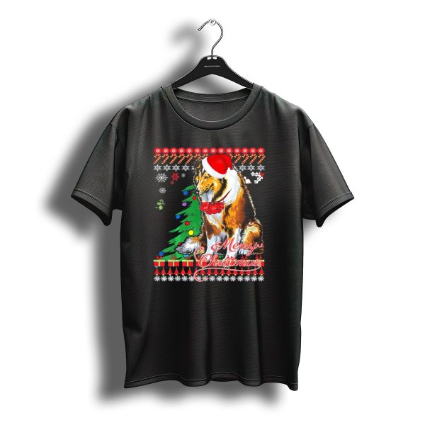 Merry Christmas Rough Collie Santa Hat Snowflakes Gifts Holiday T Shirt t shirt 1