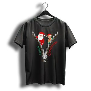 Merry Christmas Santa And Deer Zipper T Shirt