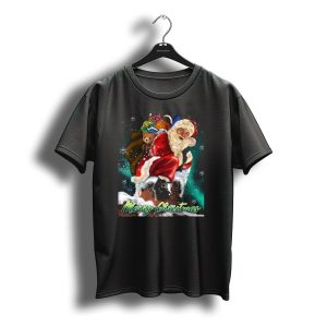 Merry Christmas Santa Claus On Chimney With Toy Sack Holiday Scene T-Shirt