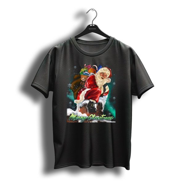 Merry Christmas Santa Claus On Chimney With Toy Sack Holiday Scene T Shirt t shirt 1