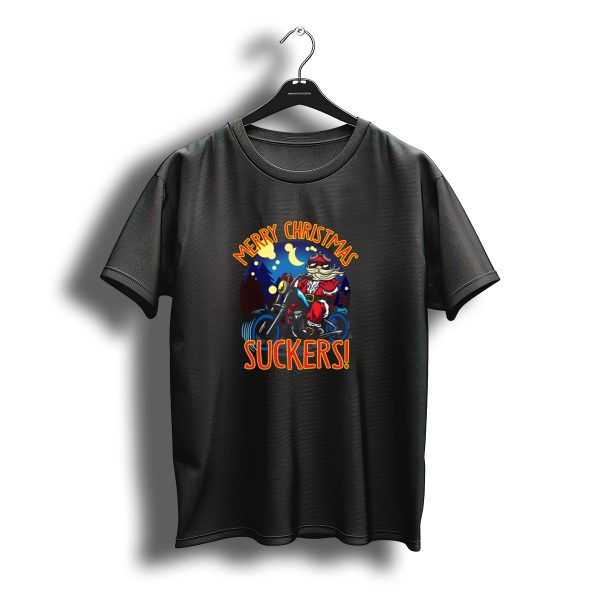 Merry Christmas Santa Claus Riding Motorcycle Under Moonlight Suckers T Shirt t shirt 1