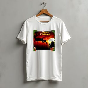 Merry Christmas Santa Claus Sleigh Sunset With Reindeer In Holiday Scene T-Shirt