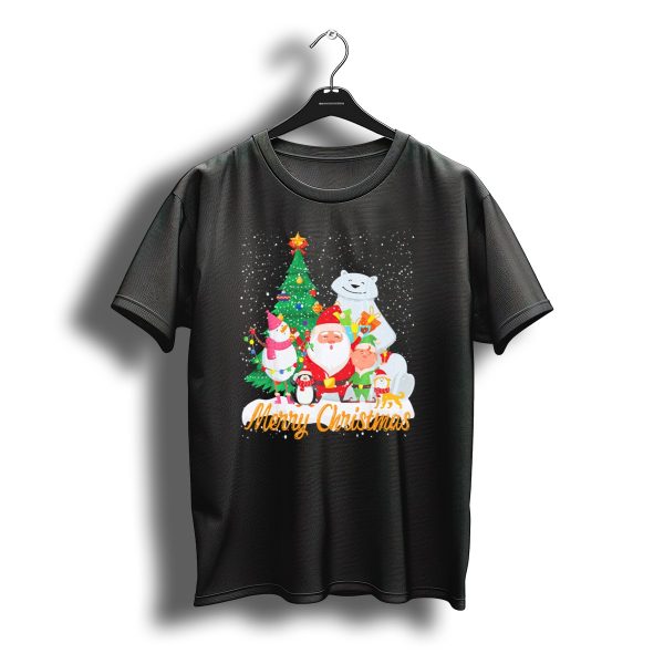Merry Christmas Santa Claus Snowman Penguin Elf Tree And Polar Bear In Snow T Shirt t shirt 1