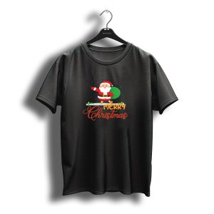 Merry Christmas Santa Claus With Green Sack Snowflakes And Trees T-Shirt