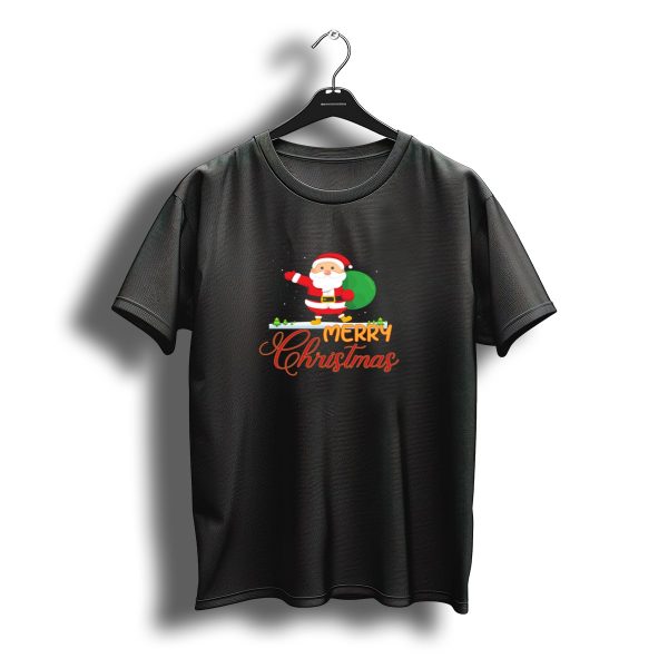Merry Christmas Santa Claus With Green Sack Snowflakes And Trees T Shirt t shirt 1
