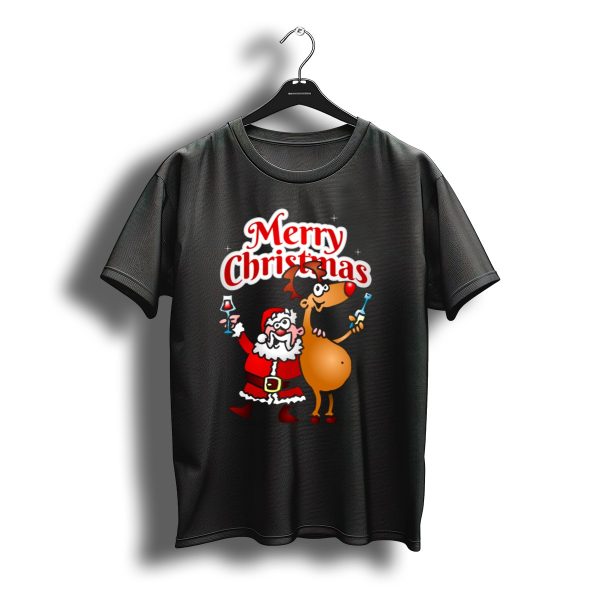 Merry Christmas Santa Claus With Reindeer Holding Wine T Shirt t shirt 1