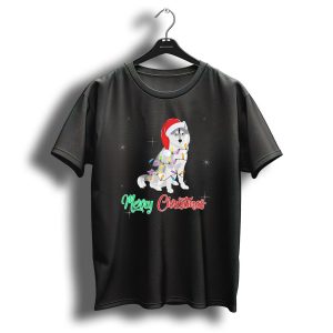 Merry Christmas Santa Hat Husky Wrapped In Colorful Lights T Shirt