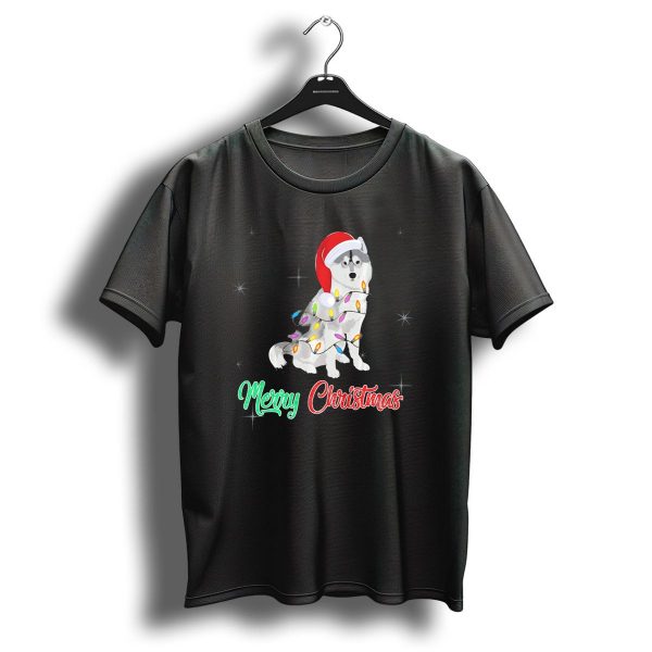 Merry Christmas Santa Hat Husky Wrapped In Colorful Lights T Shirt 1 t shirt 1