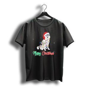 Merry Christmas Santa Hat Husky Wrapped In Colorful Lights T-Shirt