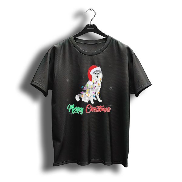 Merry Christmas Santa Hat Husky Wrapped In Colorful Lights T Shirt t shirt 1