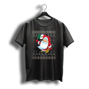 Merry Christmas Santa Holding Mexico Flag With Festive Mexican Reindeer T-Shirt