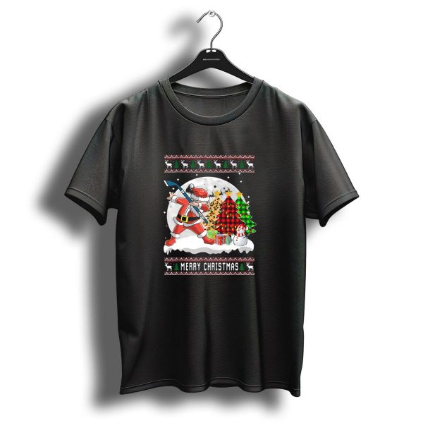 Merry Christmas Santa Playing Ice Hockey With Festive Snowman And Holiday Trees T Shirt 1 t shirt 1