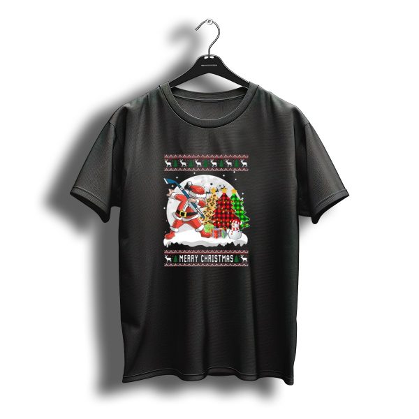 Merry Christmas Santa Playing Ice Hockey With Festive Snowman And Holiday Trees T Shirt t shirt 1