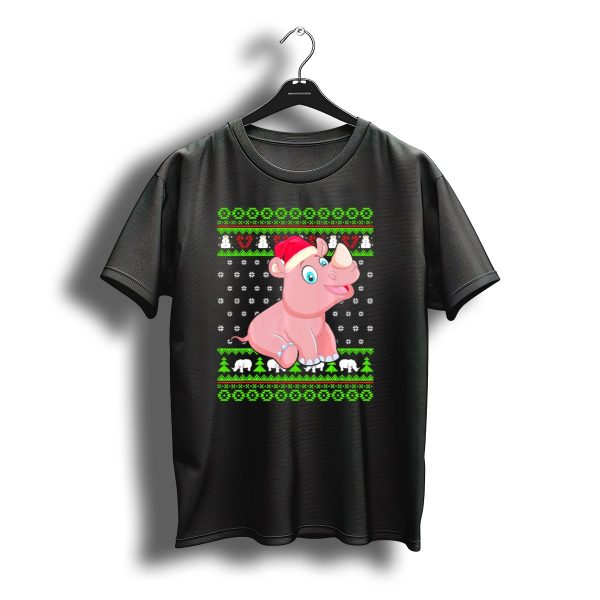 Merry Christmas Santa Rhino Ugly Sweater Pattern Snowflakes Trees Snowmen T Shirt t shirt 1