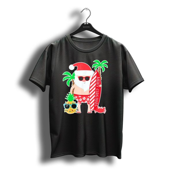 Merry Christmas Santa Surfing Hawaiian Pineapple Palm Trees T Shirt t shirt 1