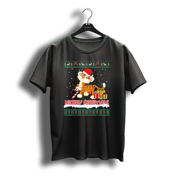 Merry Christmas Santa Tiger With Candy Cane And Gifts T Shirt t shirt 1
