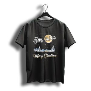 Merry Christmas Santa Tractor Sleigh With Reindeer And Winter Night Scene T-Shirt