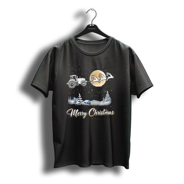 Merry Christmas Santa Tractor Sleigh With Reindeer And Winter Night Scene T Shirt t shirt 1