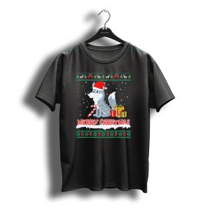 Merry Christmas Santa Wolf With Presents And Candy Cane T-Shirt