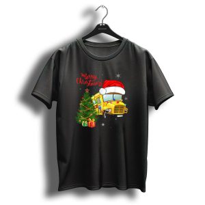 Merry Christmas School Bus Santa Hat With Tree And Presents T Shirt
