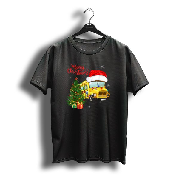 Merry Christmas School Bus Santa Hat With Tree And Presents T Shirt t shirt 1