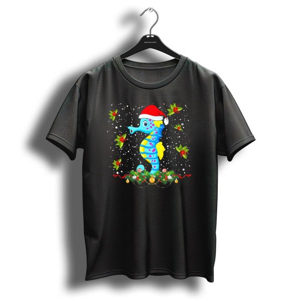 Merry Christmas Seahorse Santa Hat Holly Ornaments Snowflakes T Shirt 1 t shirt 1