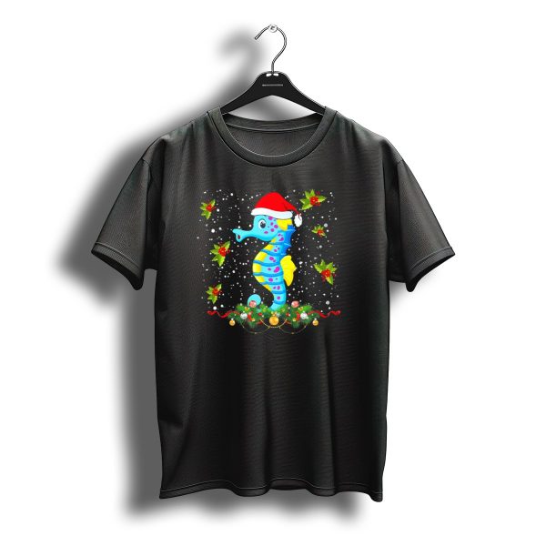 Merry Christmas Seahorse Santa Hat Holly Ornaments Snowflakes T Shirt t shirt 1
