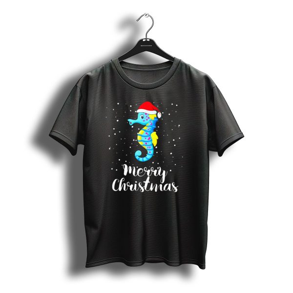 Merry Christmas Seahorse With Santa Hat And Snowflakes T Shirt t shirt 1