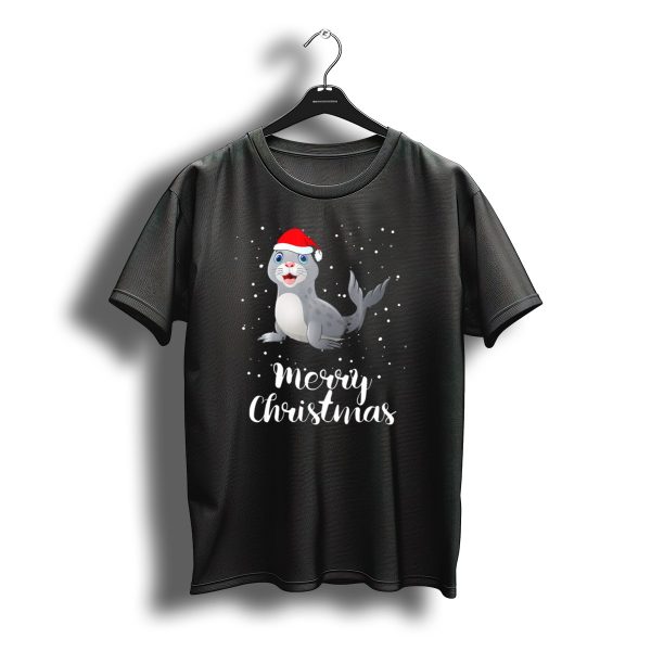 Merry Christmas Seal Wearing Santa Hat With Snowflakes T Shirt t shirt 1