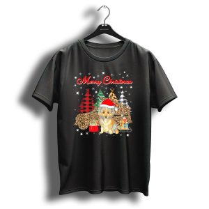 Merry Christmas Sheltie Leopard Plaid Truck With Santa Hat And Gifts T Shirt