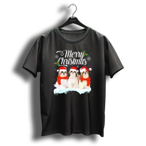 Merry Christmas Shih Tzu Puppies With Santa Hats And Snowflakes T Shirt