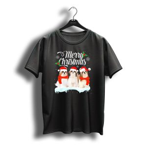 Merry Christmas Shih Tzu Puppies With Santa Hats And Snowflakes T-Shirt