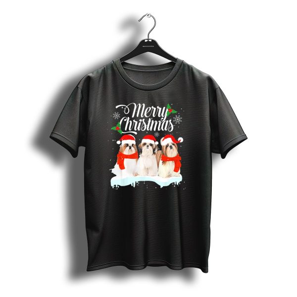 Merry Christmas Shih Tzu Puppies With Santa Hats And Snowflakes T Shirt t shirt 1