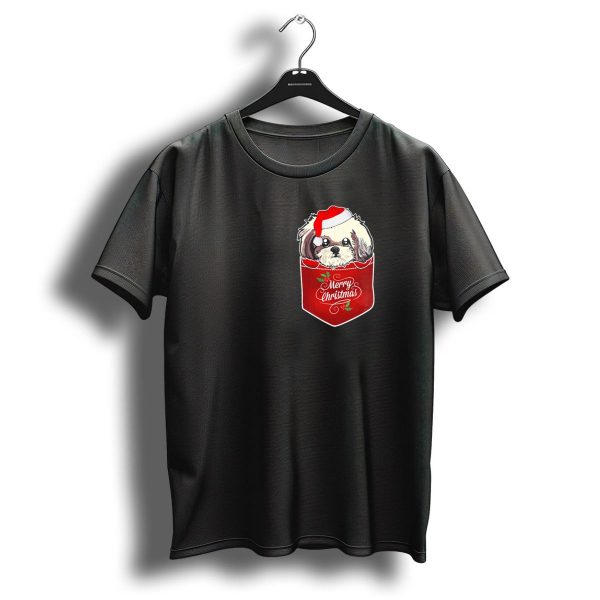 Merry Christmas Shih Tzu With Santa Hat In Pocket T Shirt 1 t shirt 1