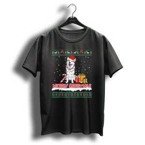 Merry Christmas Siberian Husky Wrapped In Lights With Gifts And Candy Cane T Shirt