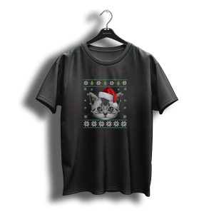 Merry Christmas Silver Tabby Cat Santa Hat Snowflakes Trees T-Shirt