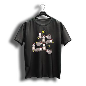 Merry Christmas Sloth Tree With Santa Hats And Stars T-Shirt