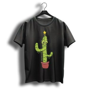 Merry Christmas Smiling Cactus With Star And Lights T Shirt