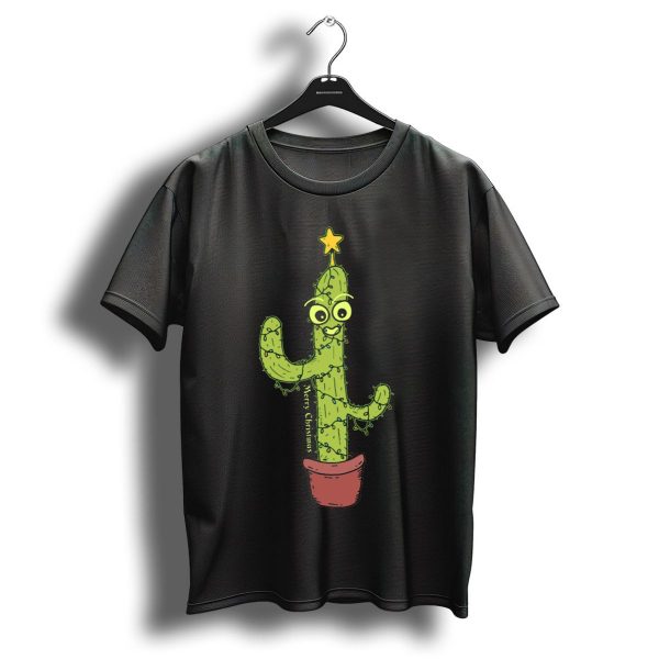 Merry Christmas Smiling Cactus With Star And Lights T Shirt 1 t shirt 1