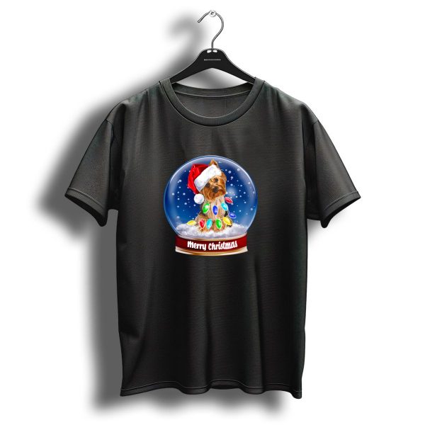 Merry Christmas Snow Globe Yorkshire Terrier With Santa Hat And Colorful Festive Lights T Shirt 1 t shirt 1