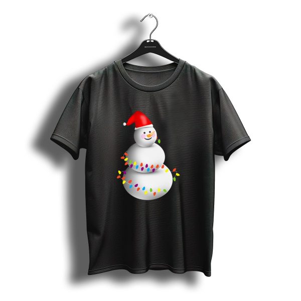 Merry Christmas Snowman With Santa Hat And Colorful Christmas Lights T Shirt t shirt 1
